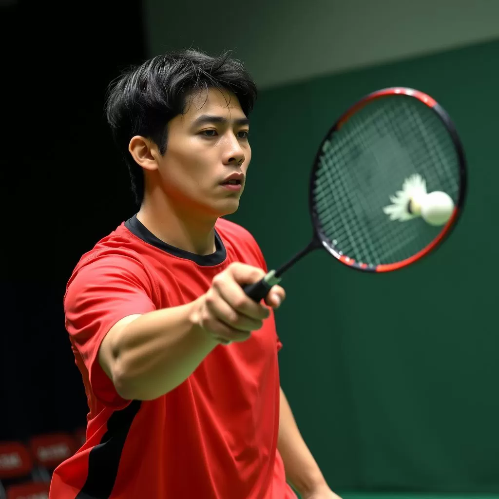 Badminton player practicing