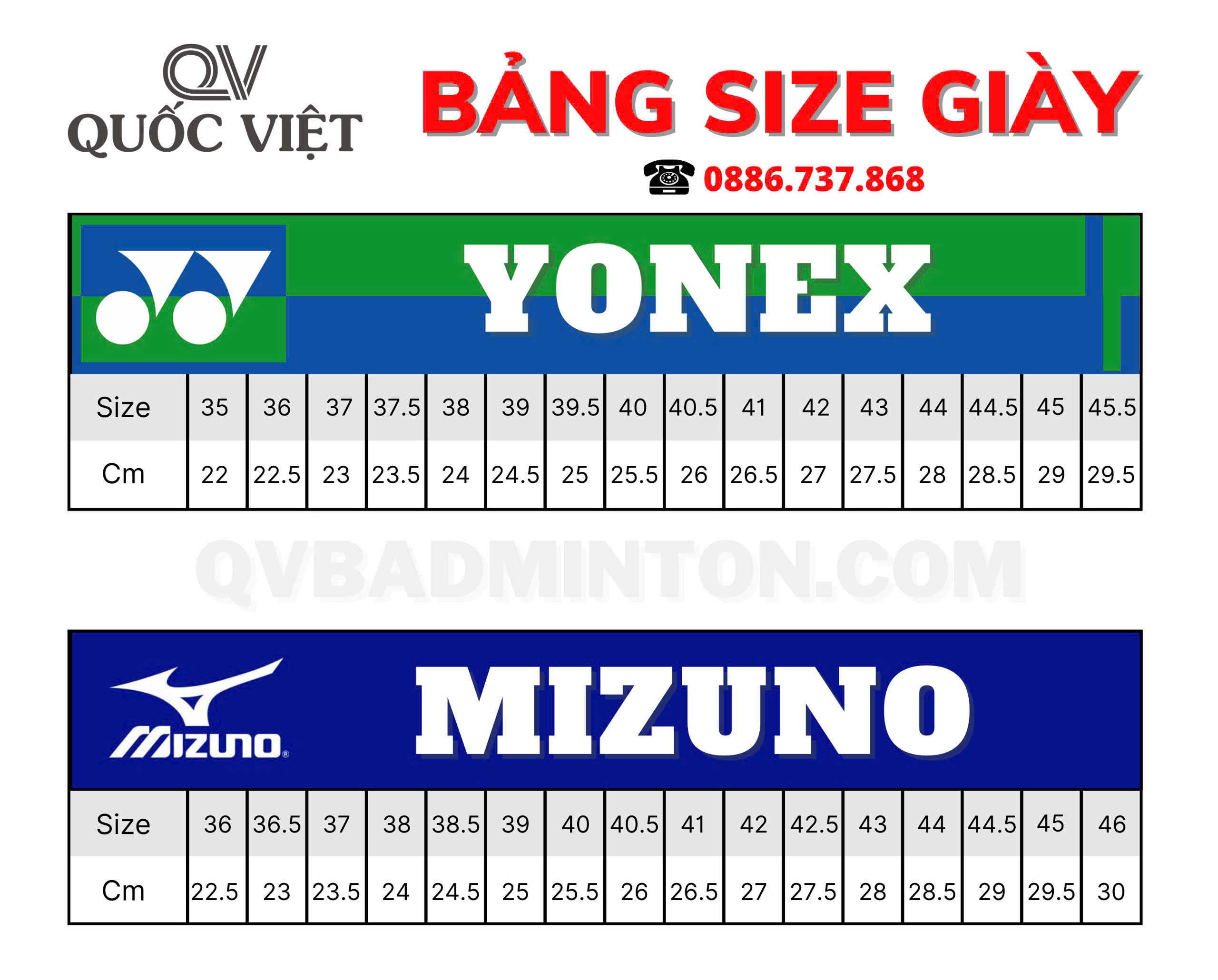 bảng so sánh size giày cầu lông Yonex và size giày cầu lông Mizuno