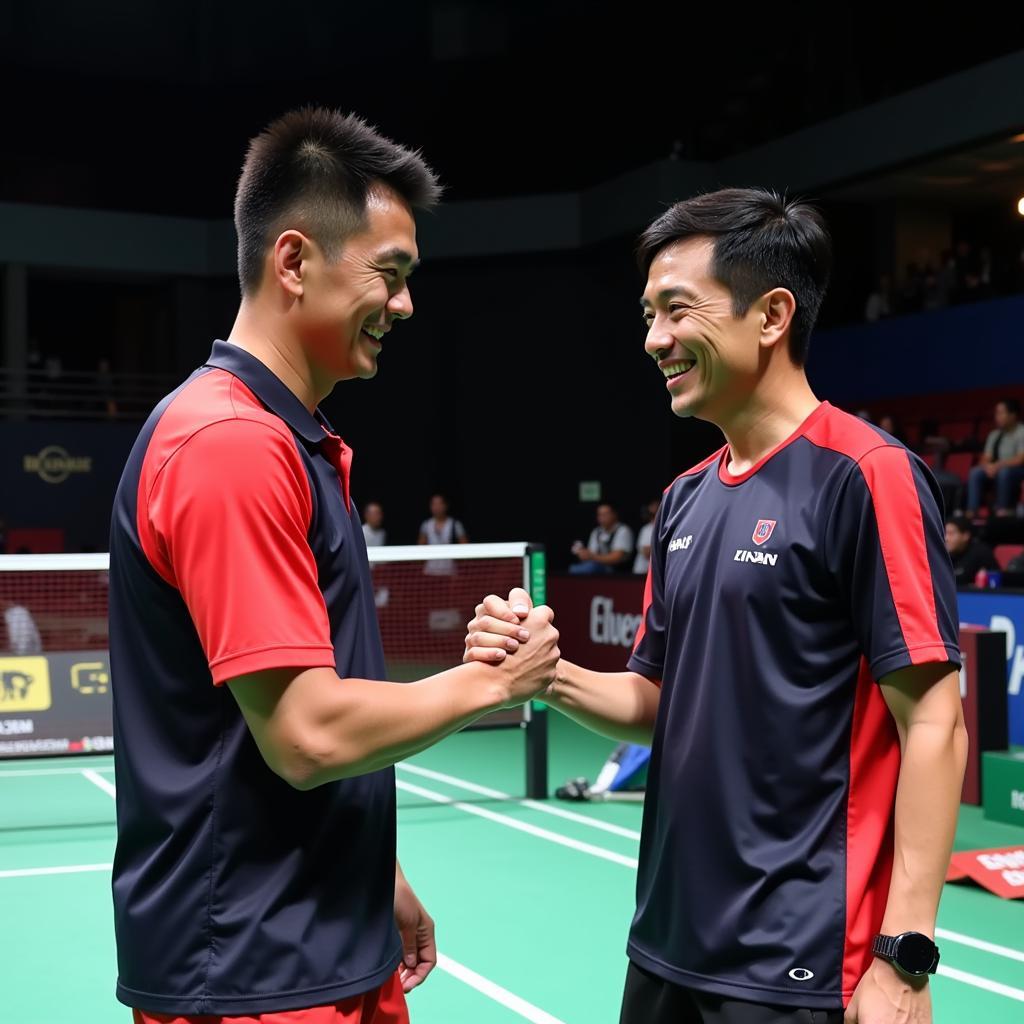 Lin Dan và Kenichi Tago bắt tay