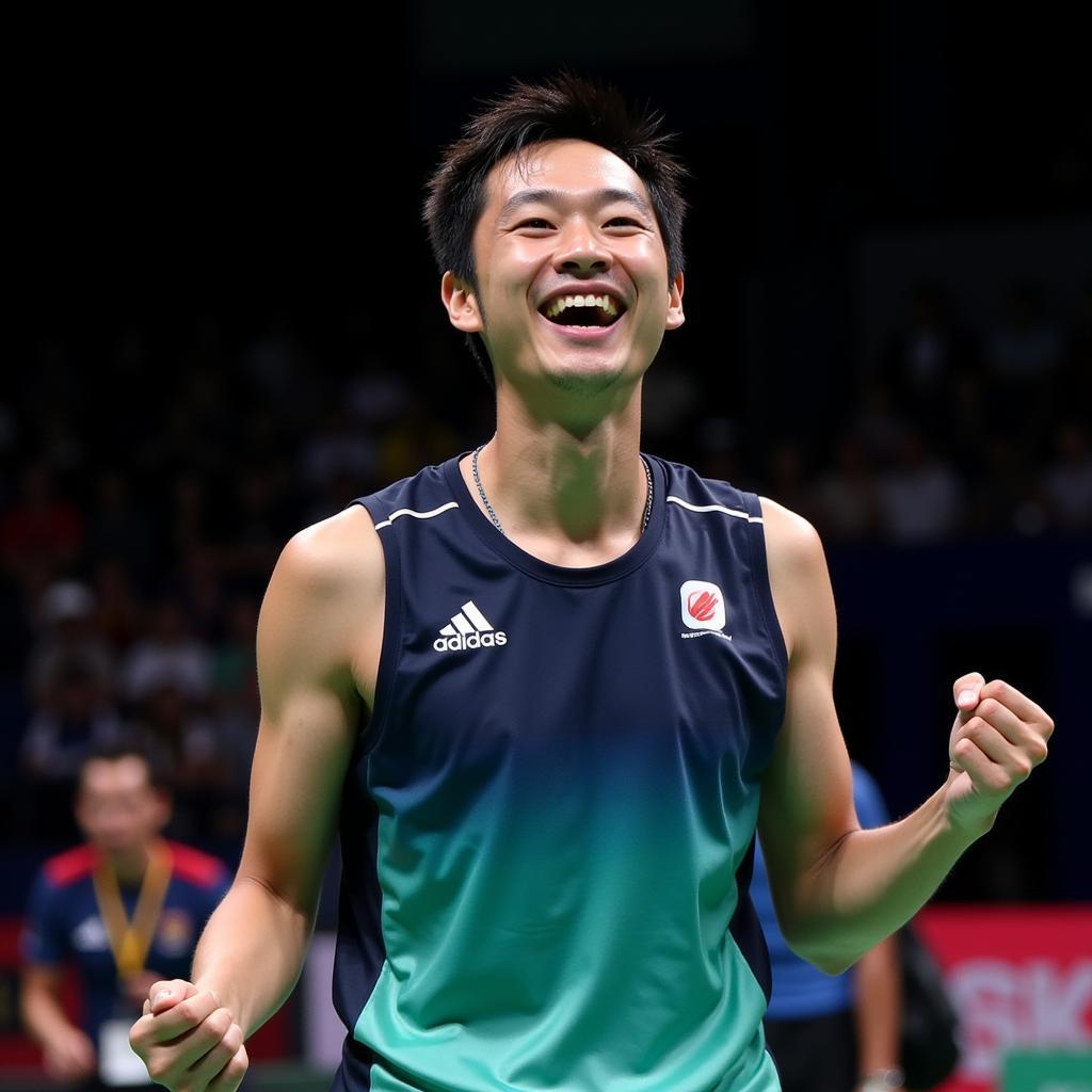 Tay vợt Kento Momota ăn mừng chiến thắng
