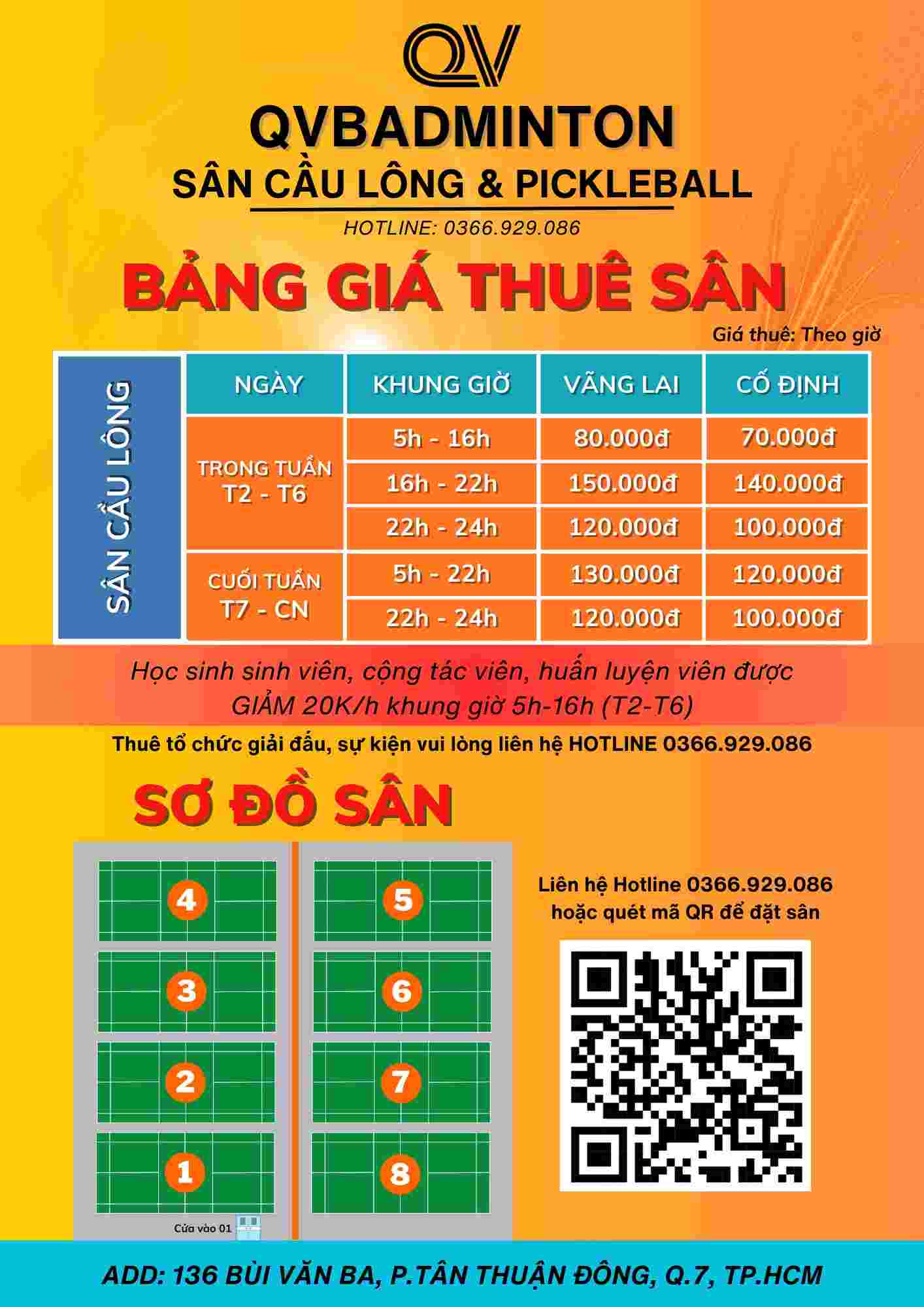 Bảng giá sân cầu lông Quốc Việt Badminton Quận 7