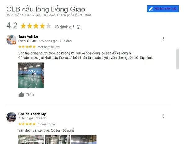 Một số đánh giá tích cực của khách hàng về sân cầu lông Đồng Giao