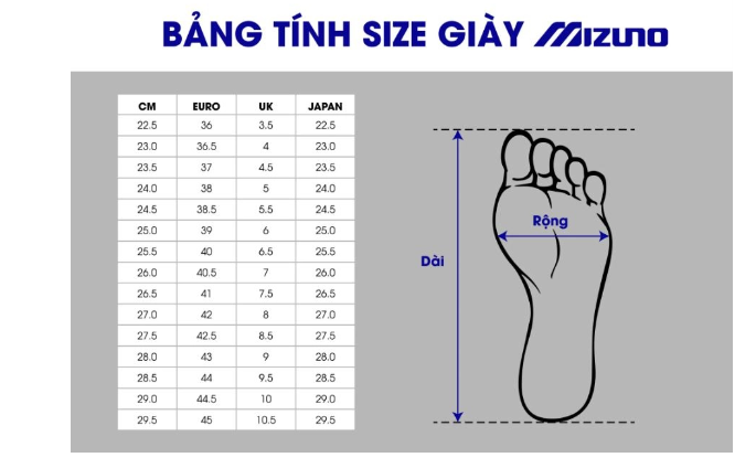 Bảng Sz Giày Mizuno