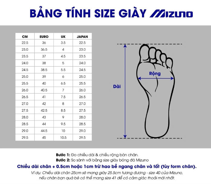 Bảng sz giày cầu lông mizuno 